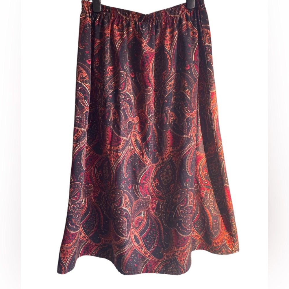 Red Orange, Black Paisley Midi Skirt, A-Line